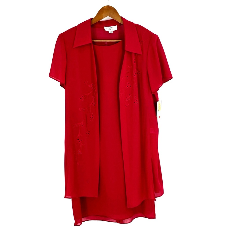 NWT Studio I Dress 14P Two Piece Jacket Dress Red Short Sleeve $69